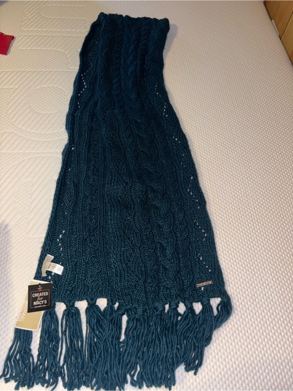 Michael Kors Teal Cable Knit Fringe Scarf